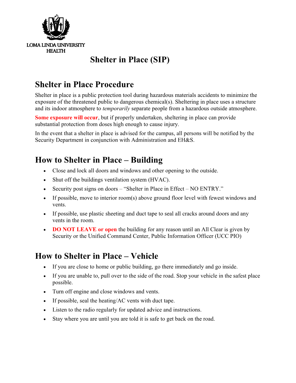 Shelter in Place Procedure