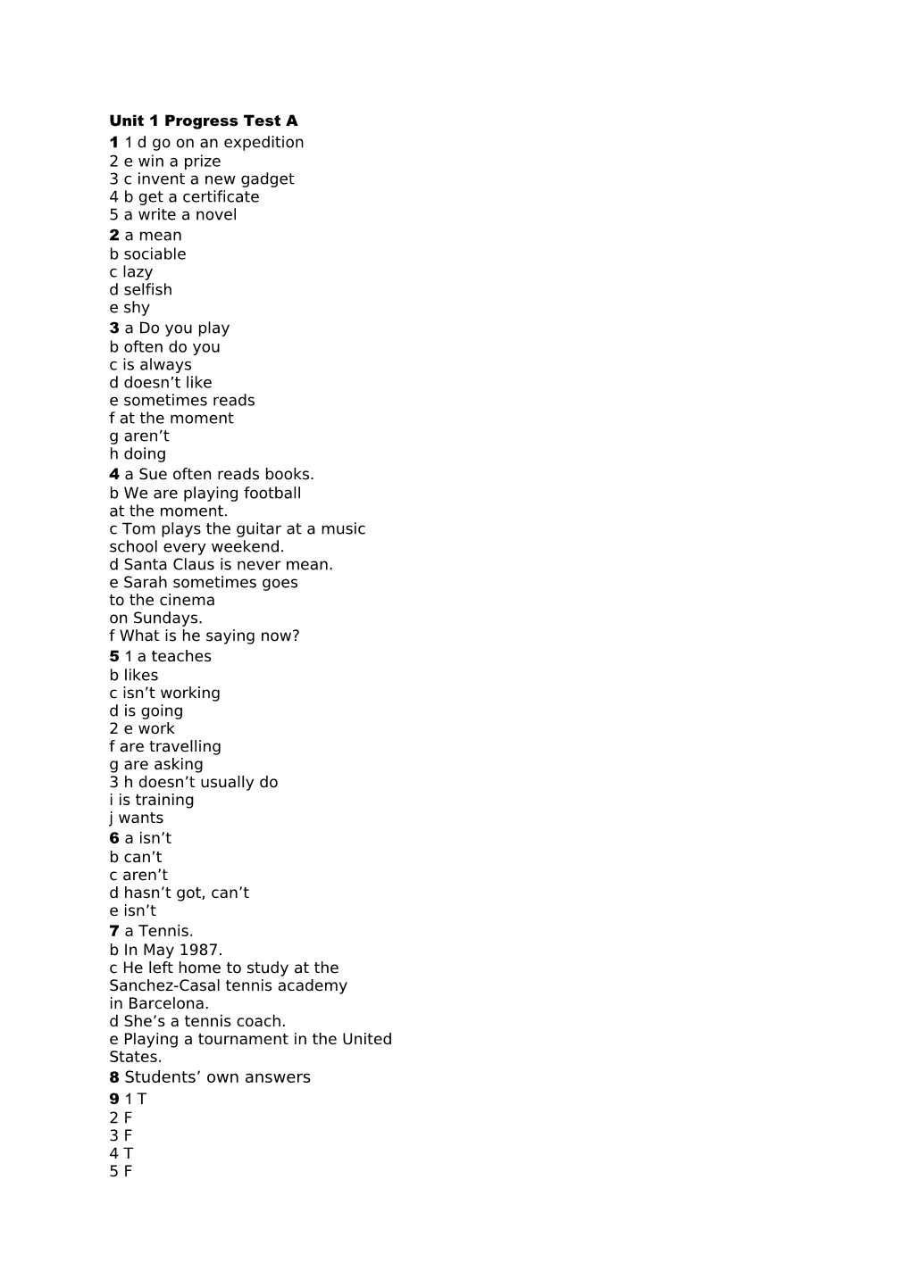 Unit 1 Progress Test A