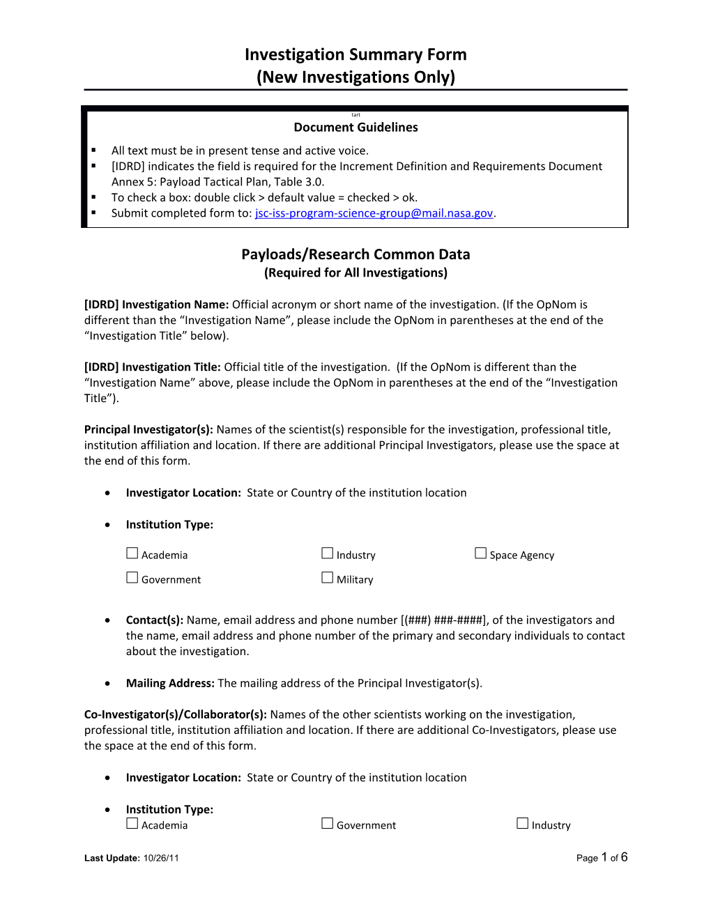 Investigation Summary Form