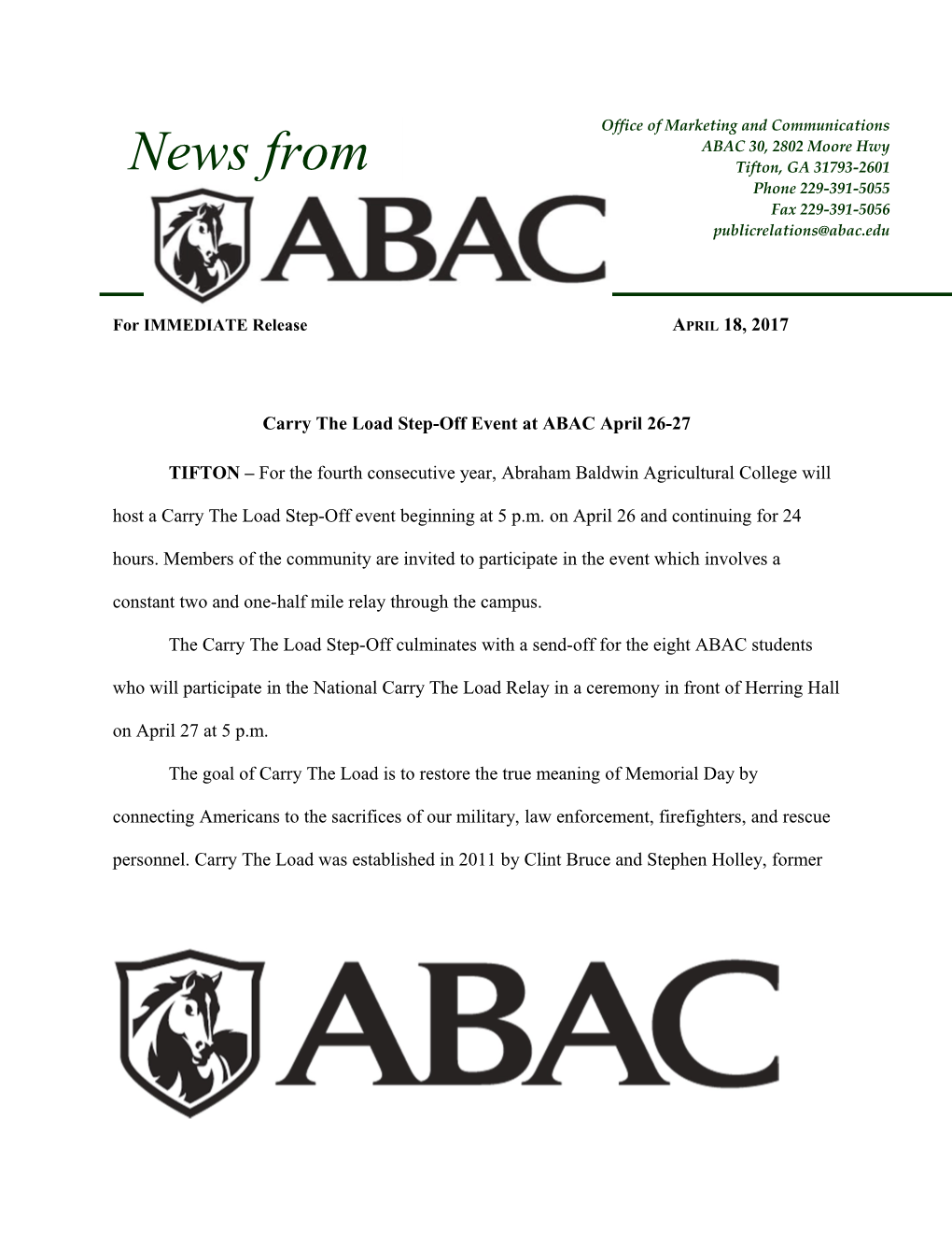 Carry the Load Step-Off Event at ABAC April 26-27
