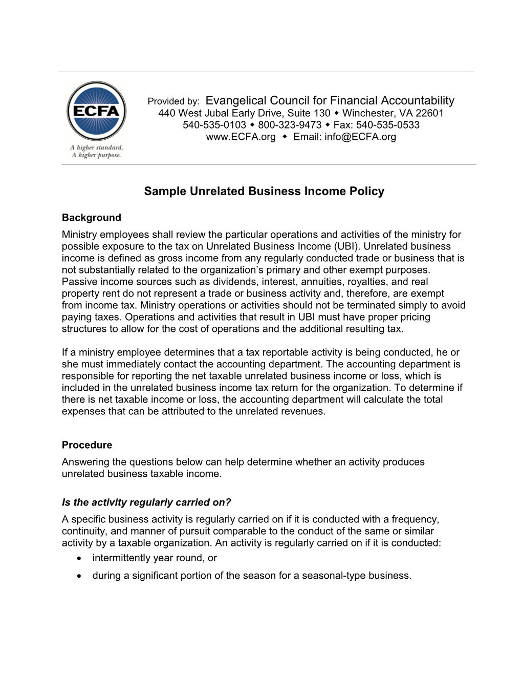 Sample Unrelated Business Income Policy