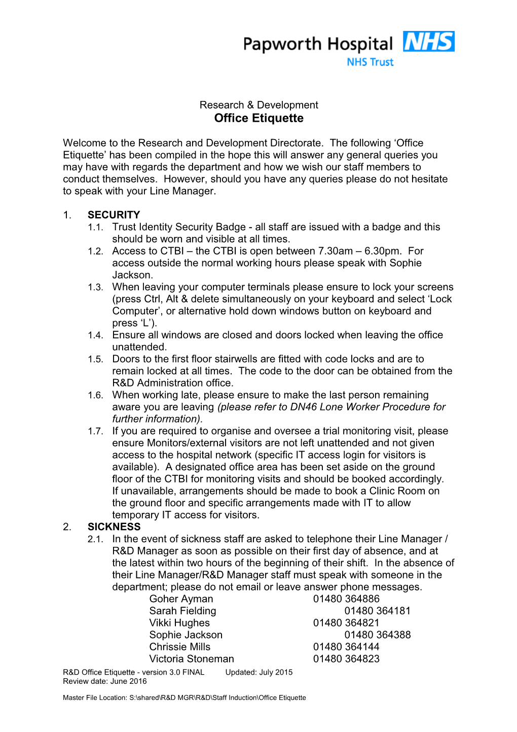 R&D Office Etiquette - Version 3.0 Finalupdated: July 2015