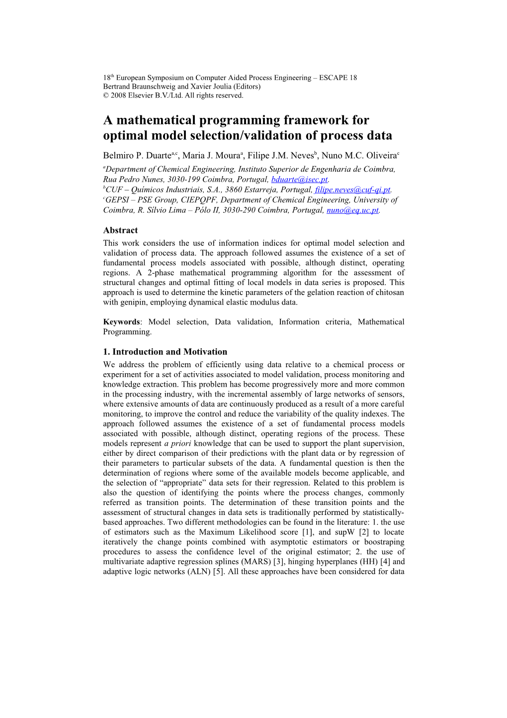 A Mathematical Programming Framework for Optimal Model Selection/Validation of Process Data