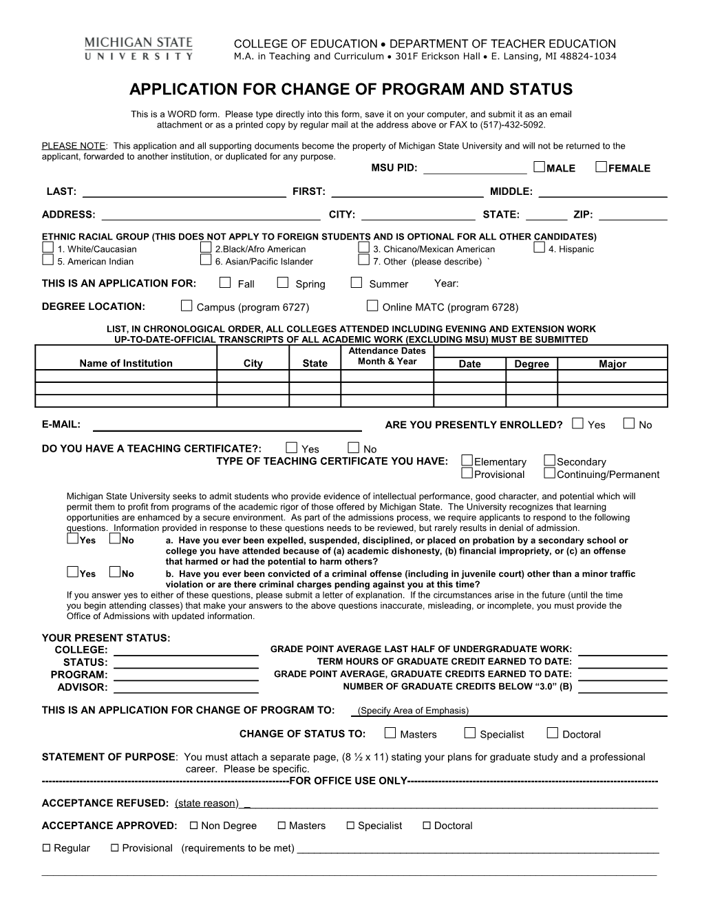 Application for Change of Program and Status