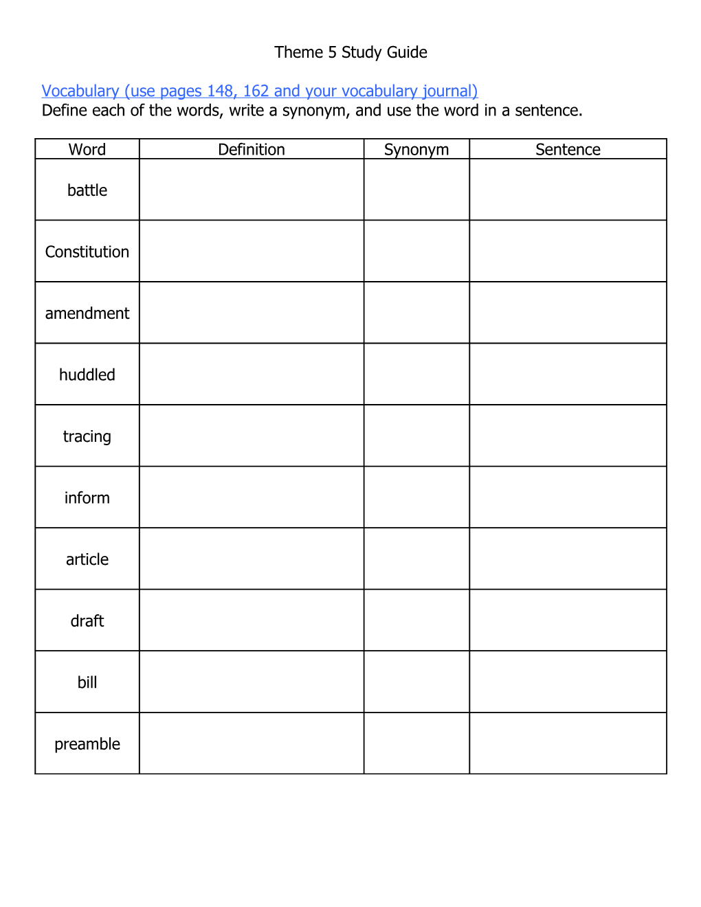 Vocabulary (Use Pages 148, 162 and Your Vocabulary Journal)