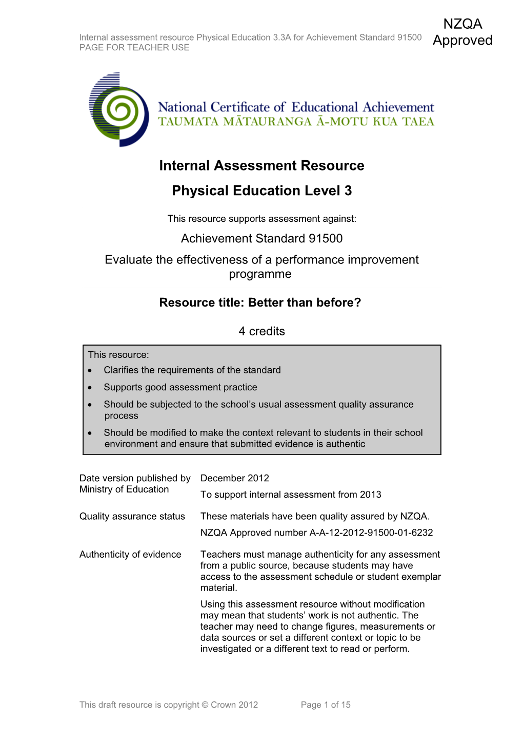 Level 3 Physical Education Internal Assessment Resource