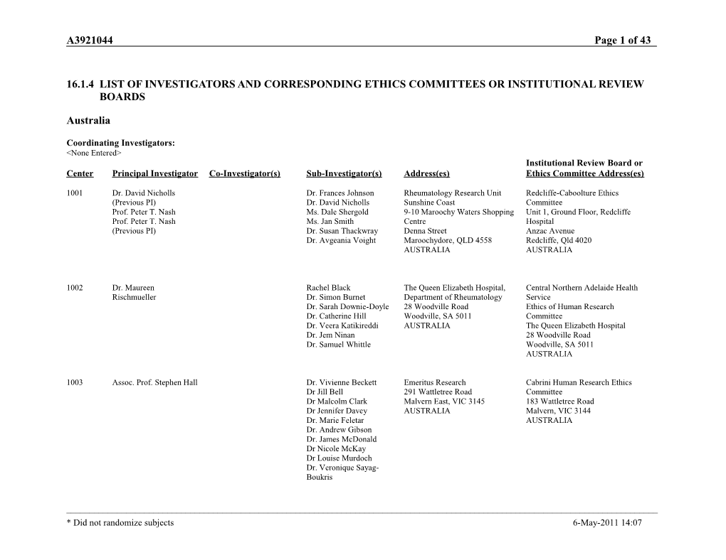 16.1.4 List of Investigators and Corresponding Ethics Committees Or Institutional Review Boards