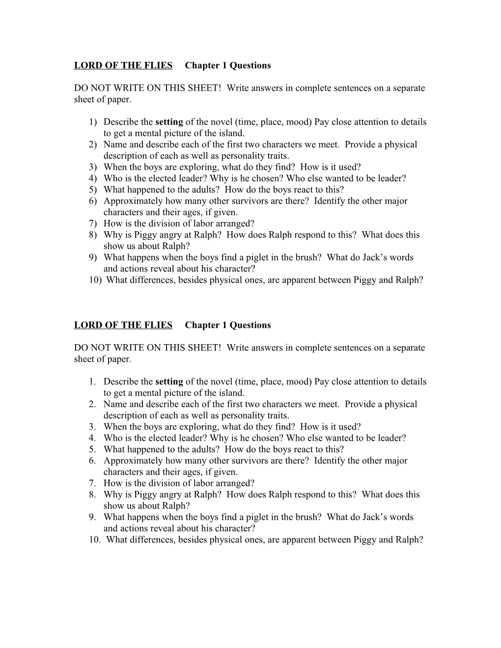 LORD of the FLIES Chapter 1 Questions Name______