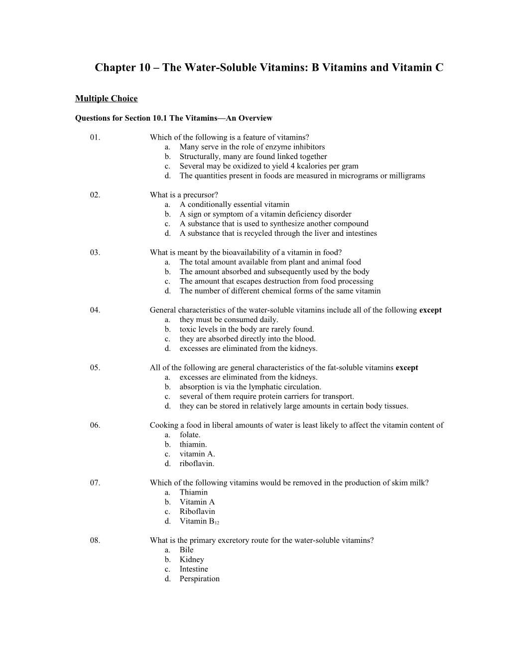 Chapter 10 the Water-Soluble Vitamins: B Vitamins and Vitamin C