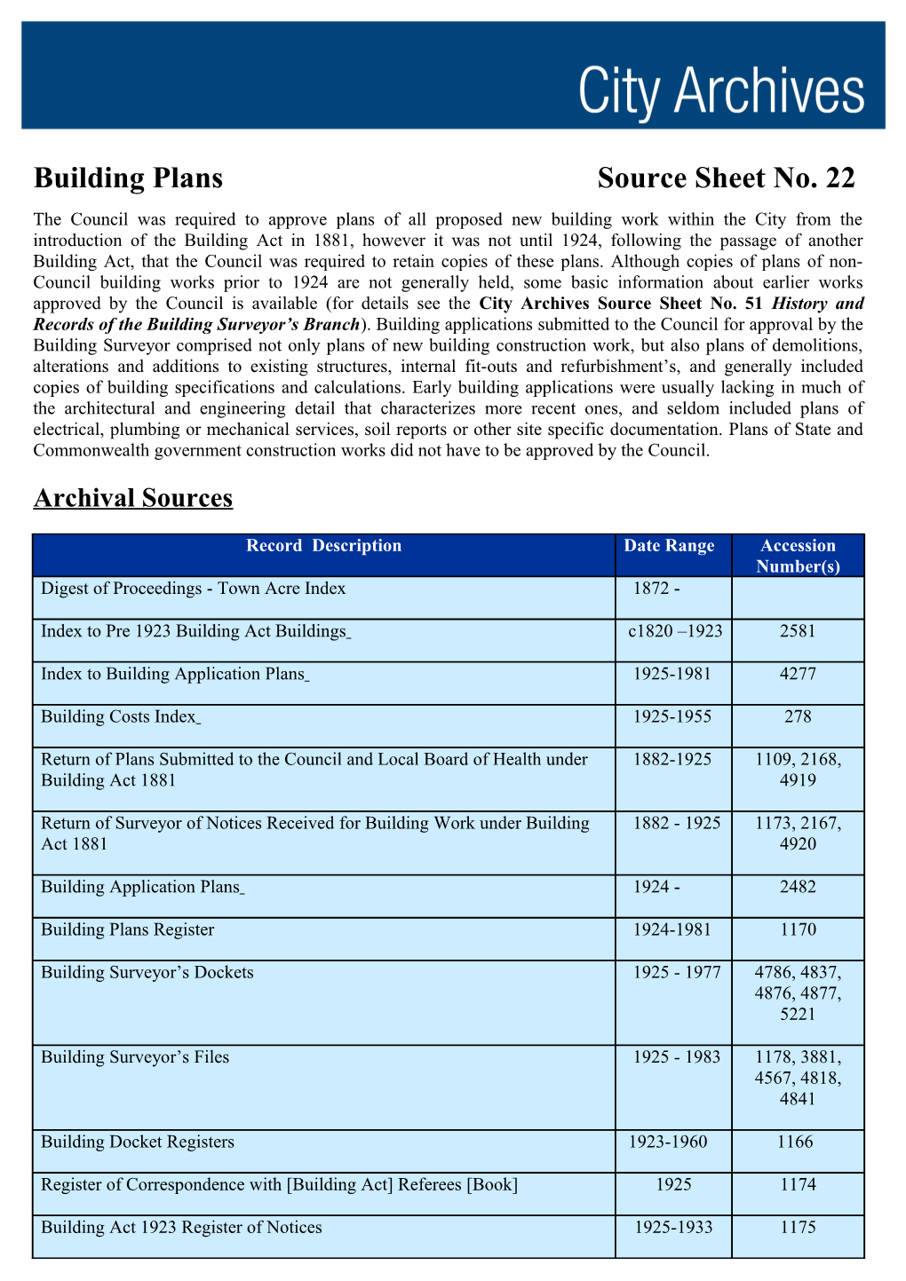 Building Plans Source Sheet No. 22