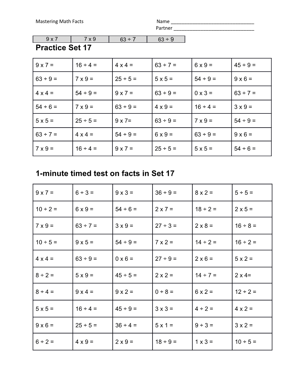 1-Minute Timed Test on Facts in Set 17