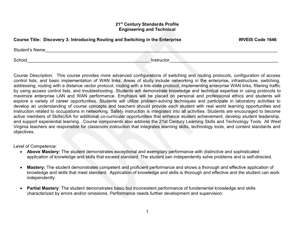 Course Title: Discovery 3: Introducing Routing and Switching in the Enterprise WVEIS Code 1646