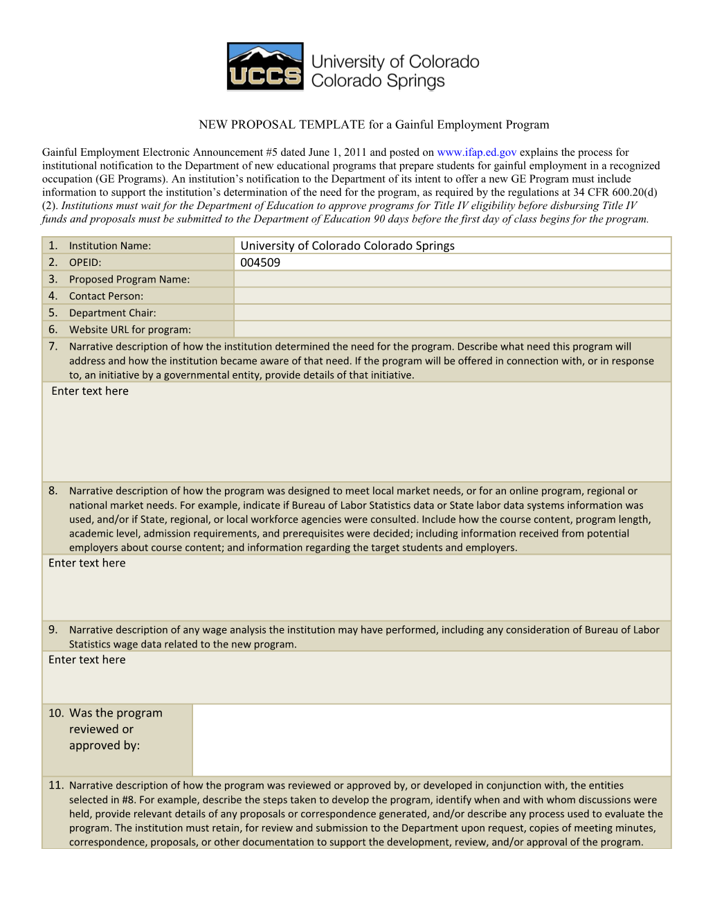 NEW PROPOSAL TEMPLATE for a Gainful Employment Program