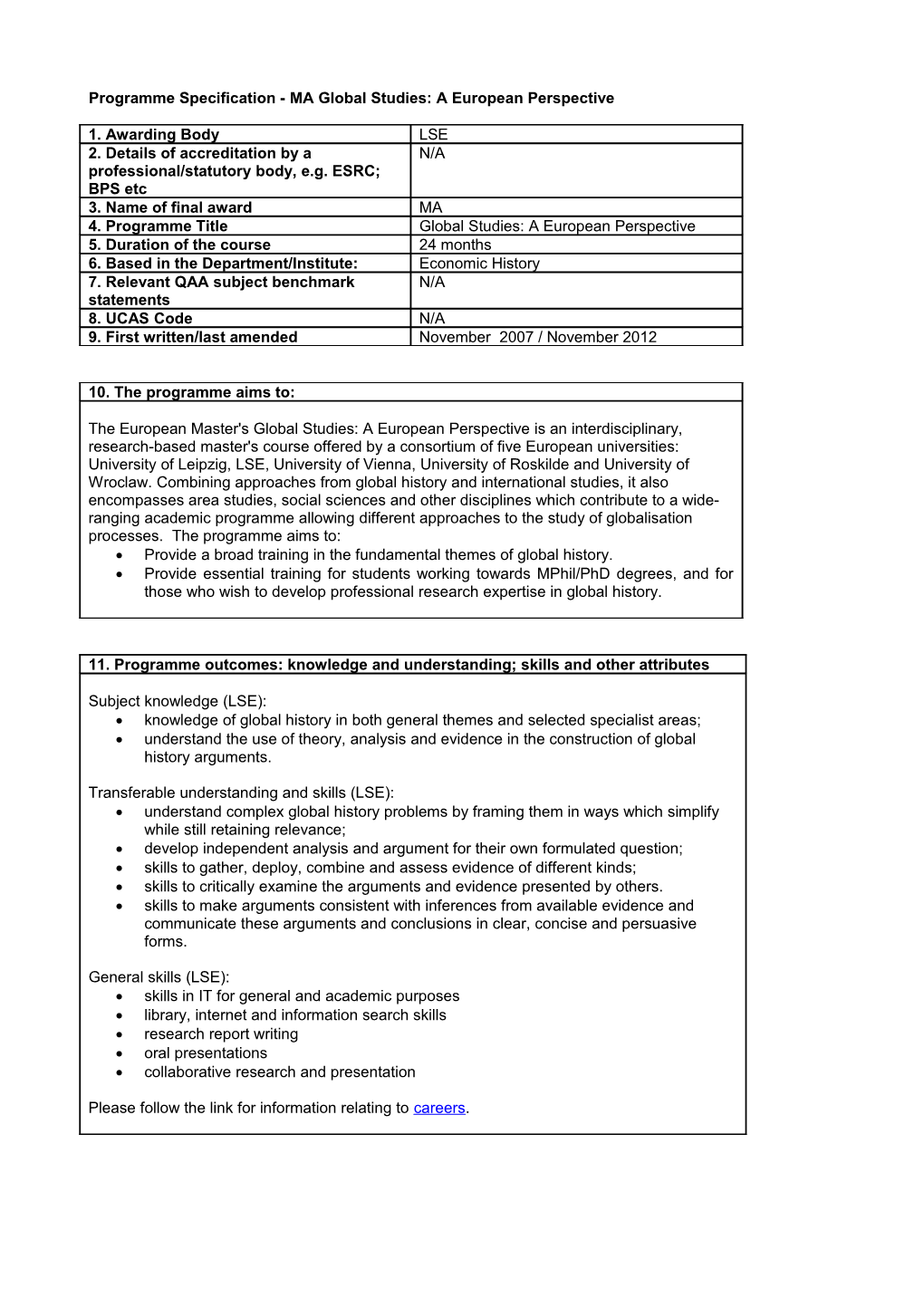 Programme Specification - MA Global Studies: a European Perspective