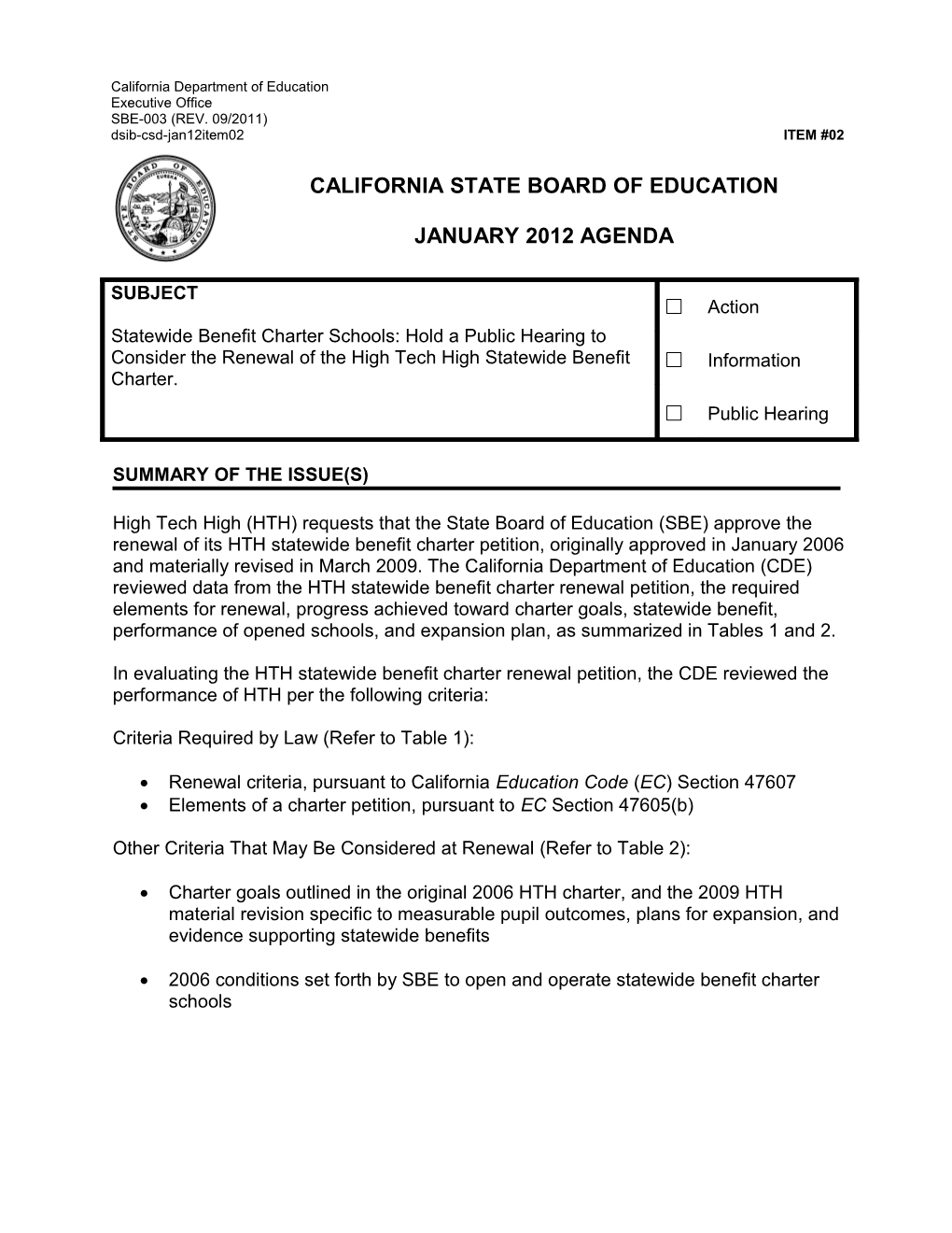 January 2012 Agenda Item 2 - Meeting Agendas (CA State Board of Education)