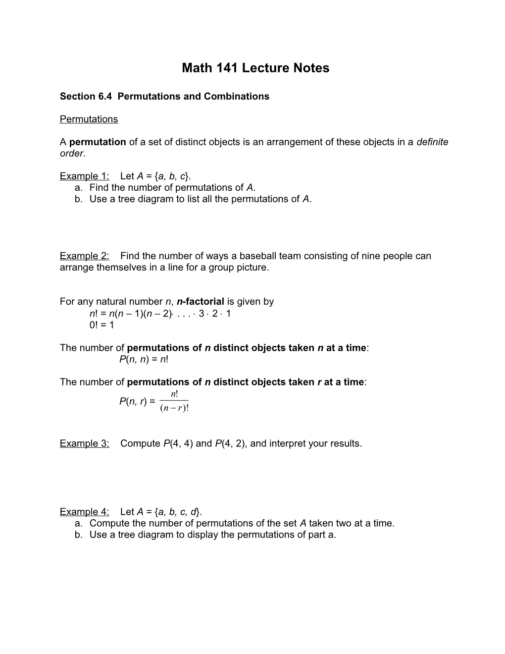 Math 141 Lecture Notes