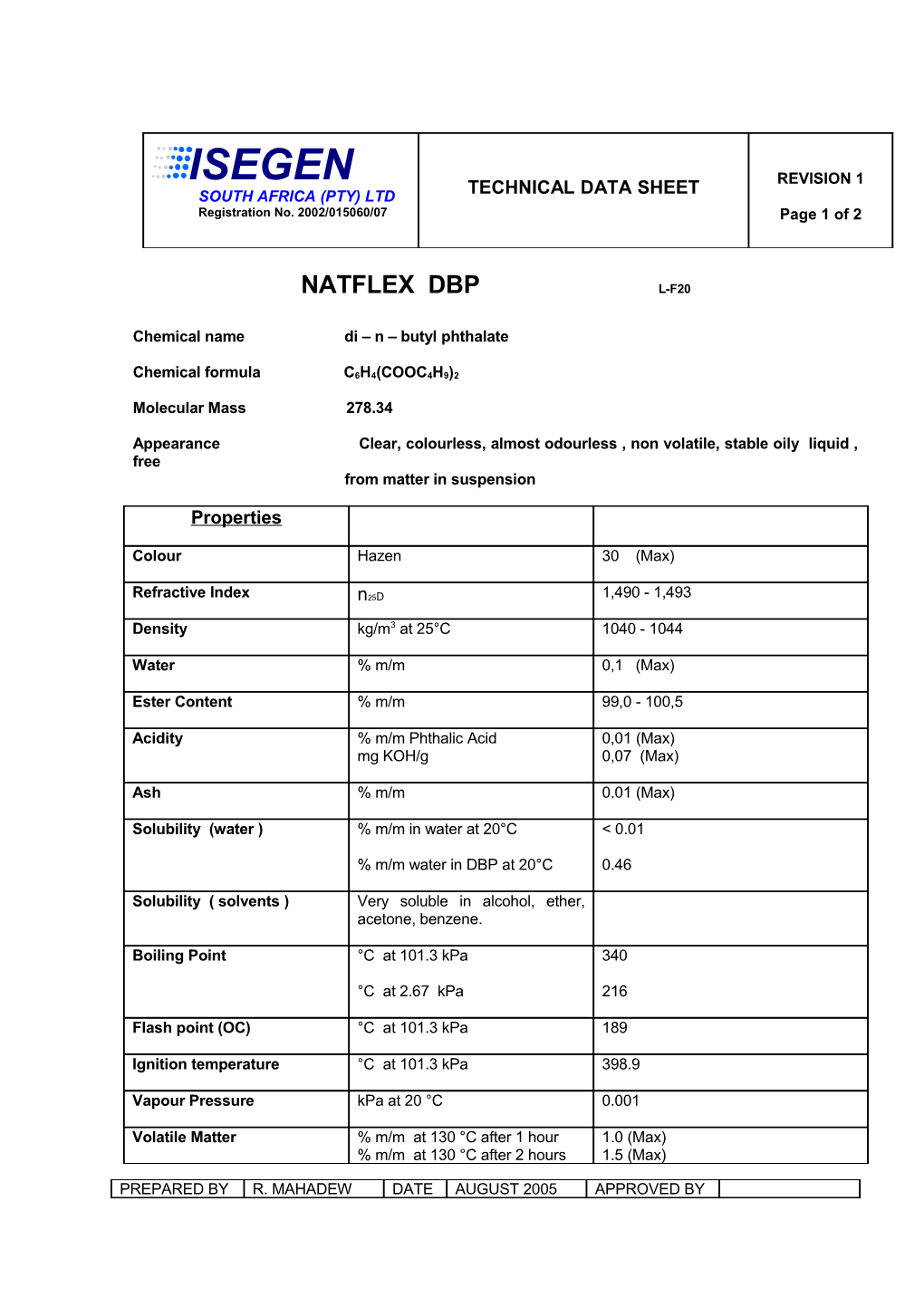 Chemical Name Di N Butyl Phthalate