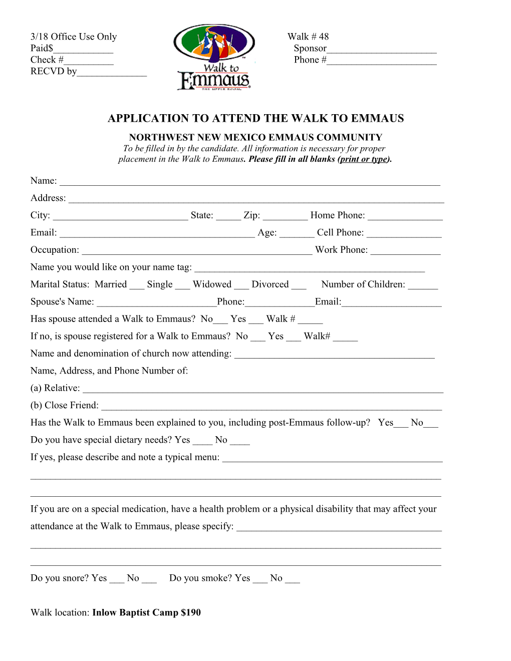 Application to Attend the Walk to Emmaus