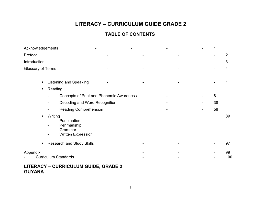 Literacy Curriculum Guide, Grade 2