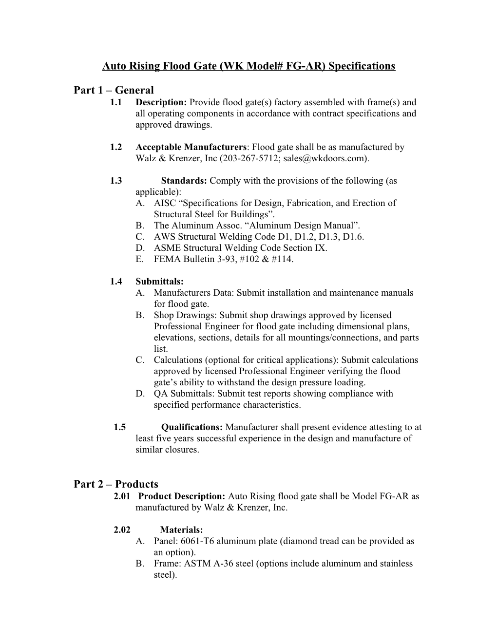 Suggested Specifications for Model Fp-Ls s1