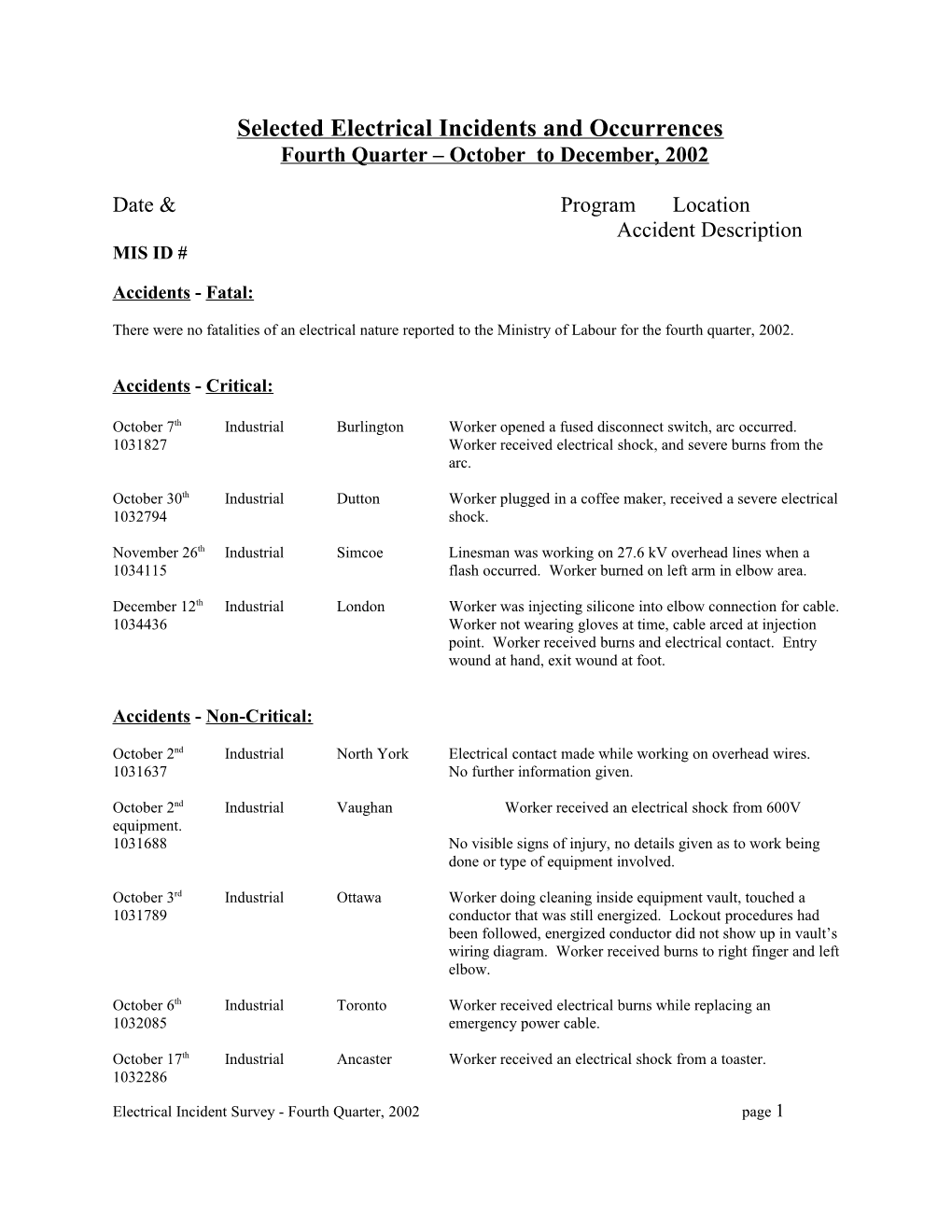 Selected Electrical Accidents and Incidents