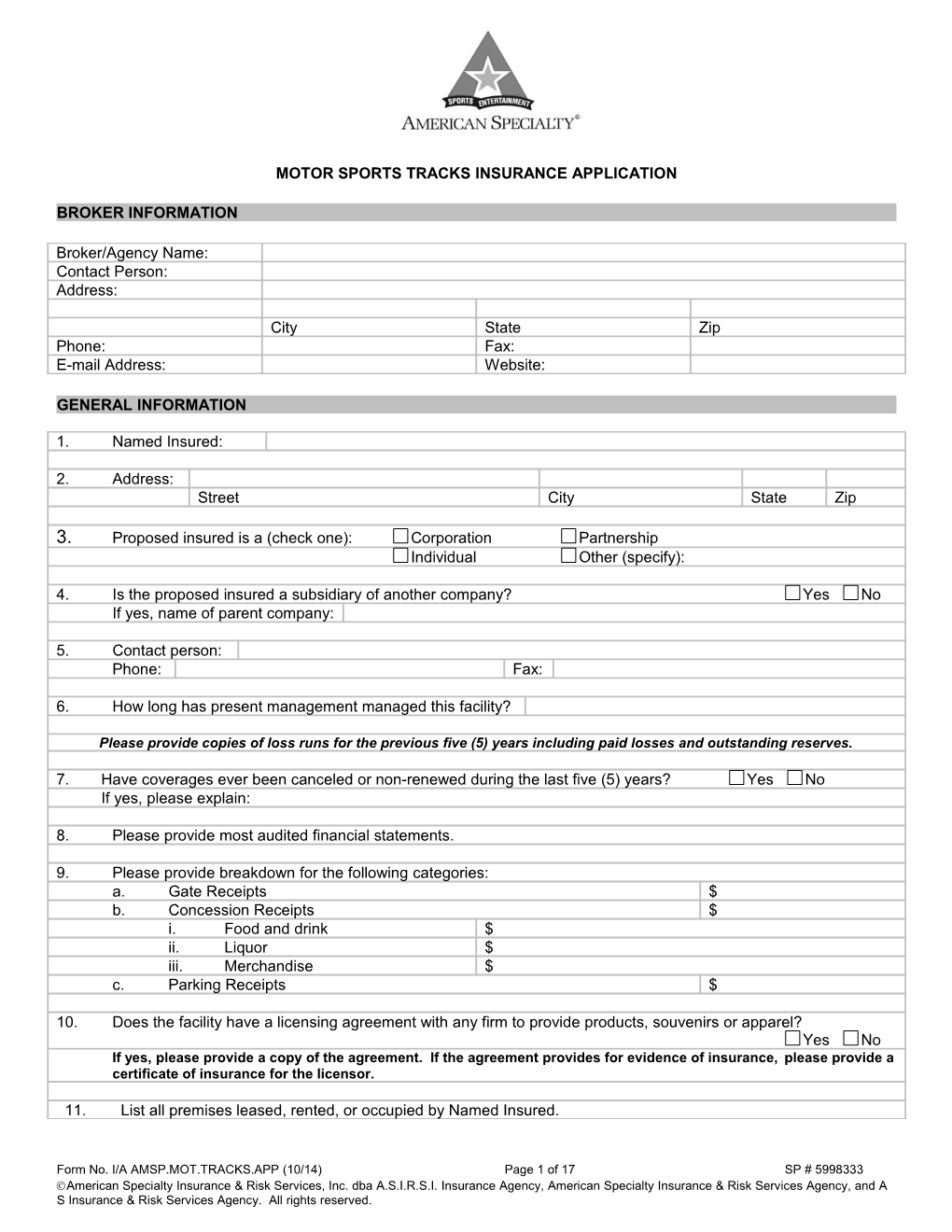 Motorsports Tracks Insurance Application