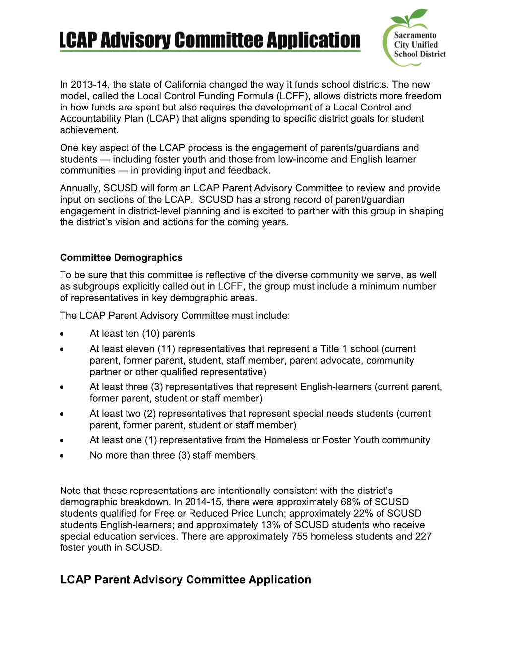 SCUSD LCAP Parent Advisory Committee Application