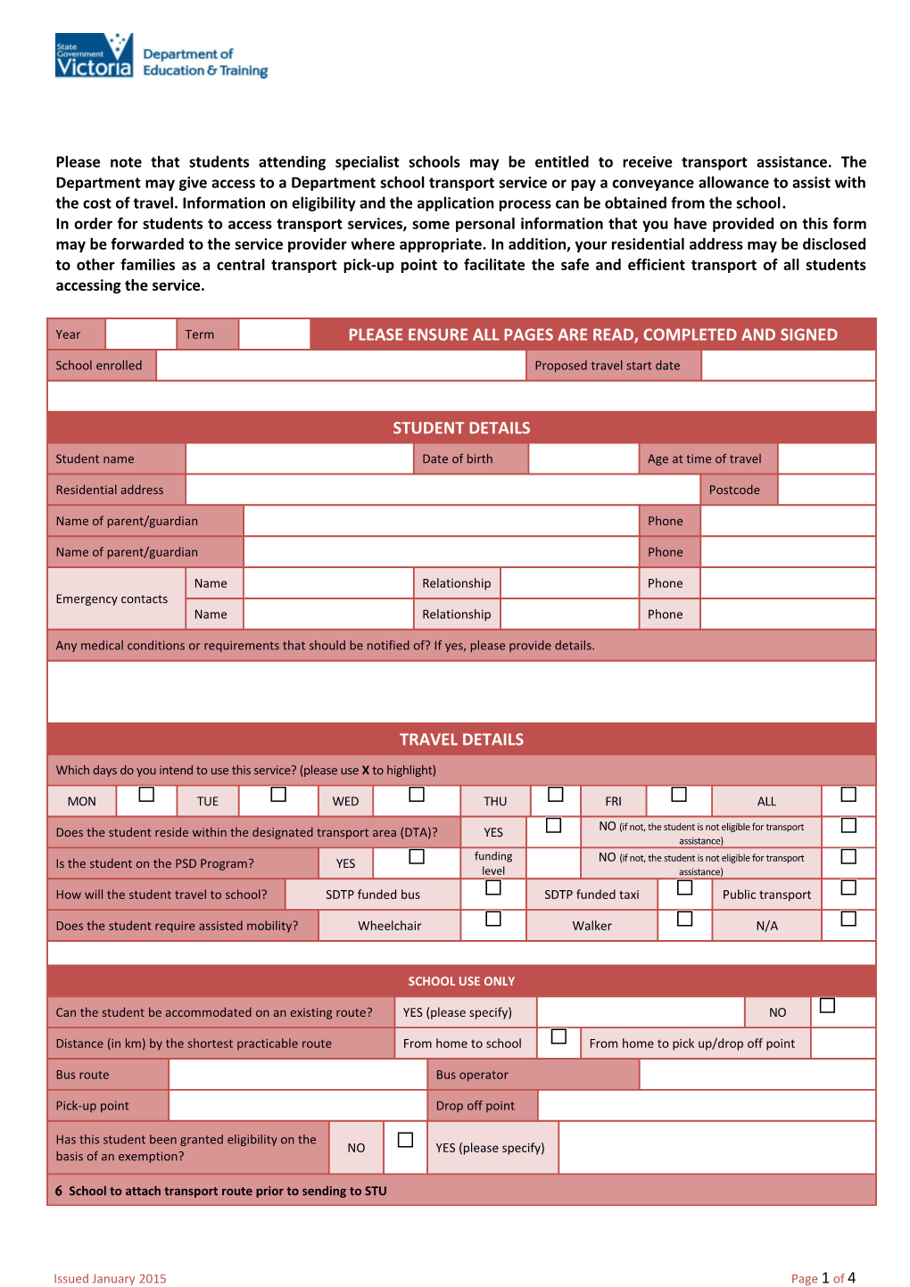 SDTP Application for Transport Assistance