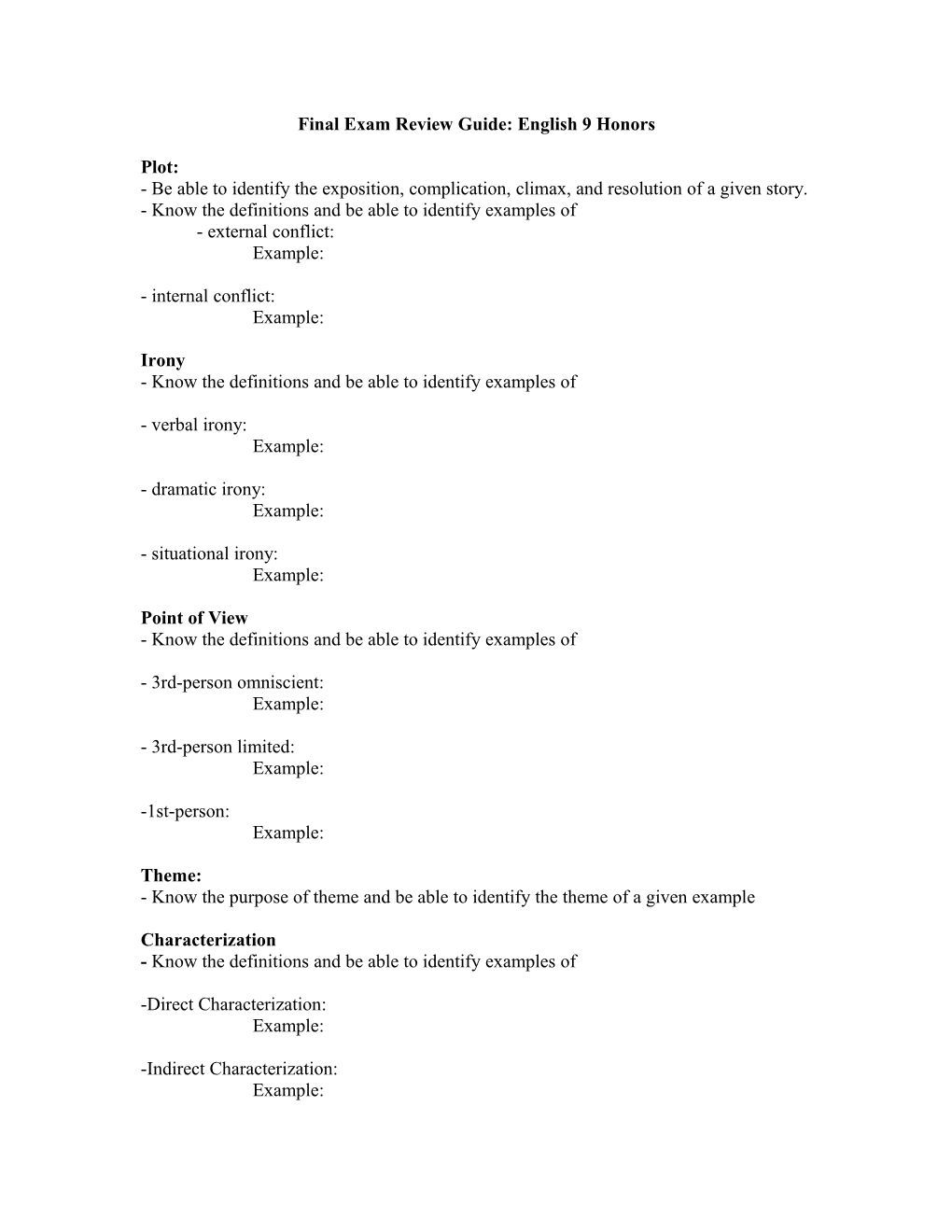 Final Exam Review Guide: English 9 Honors