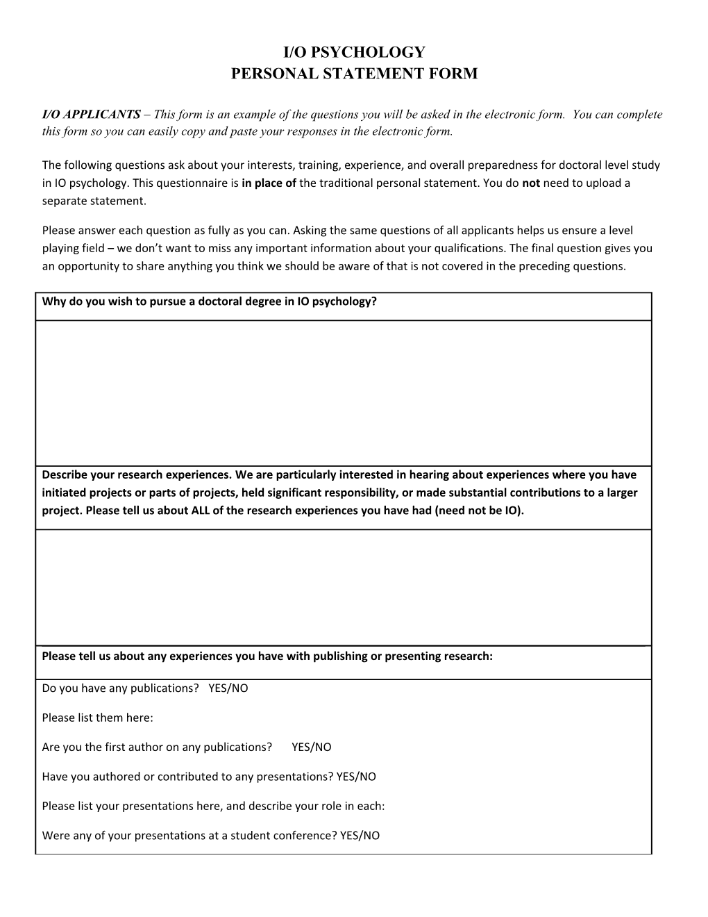 Personal Statement Form