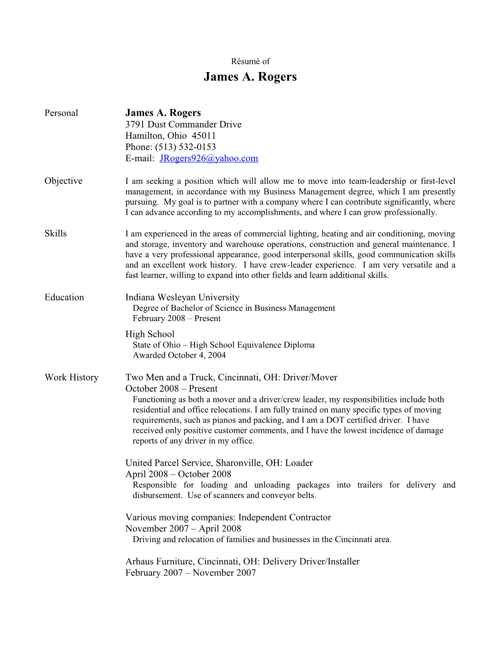 Resume of James Rogers