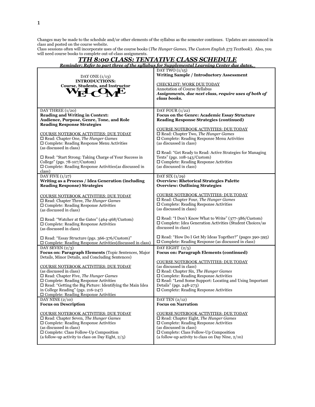 Tth 8:00 Class: Tentative Class Schedule