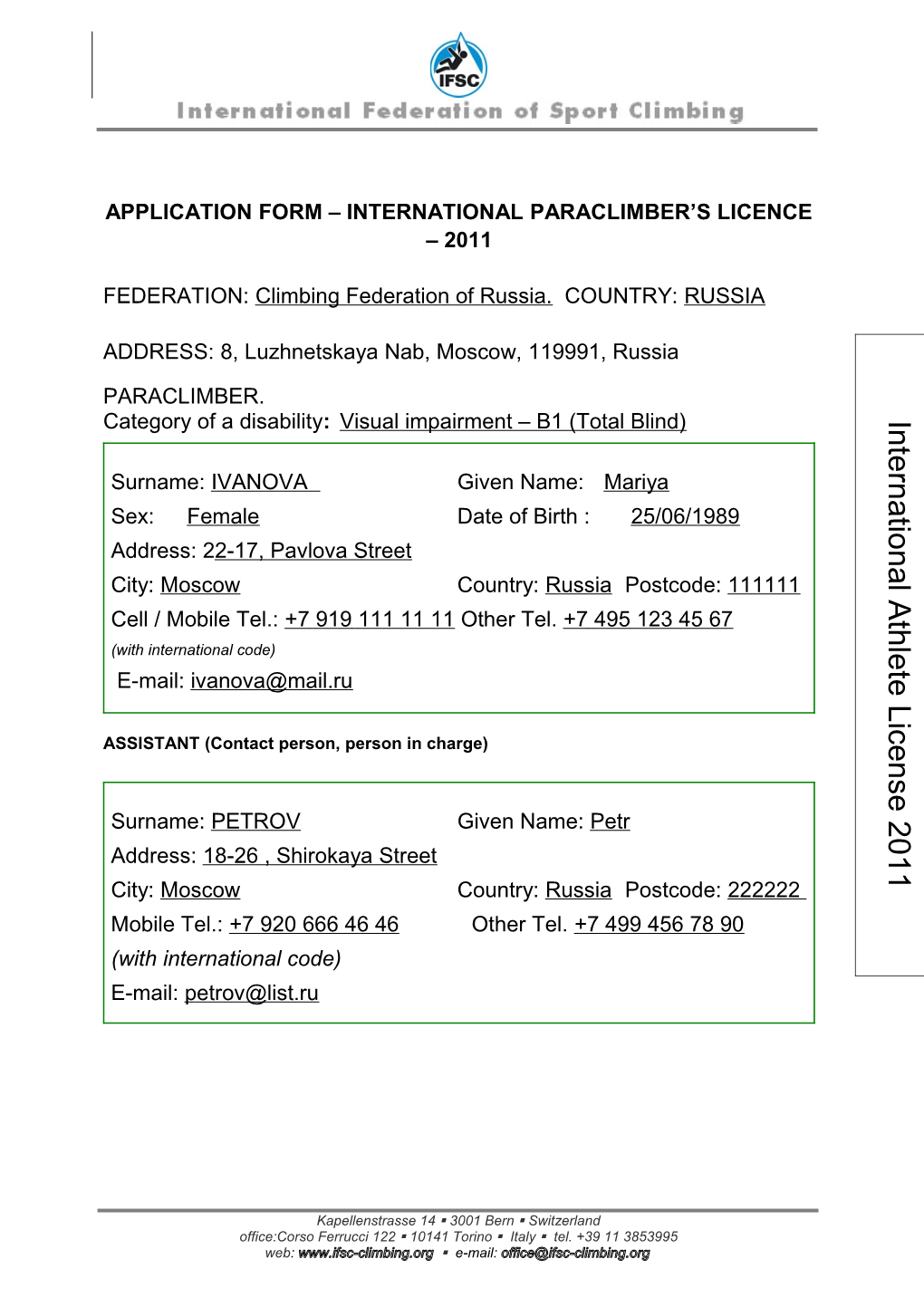 Application Form International Paraclimber S Licence 2011