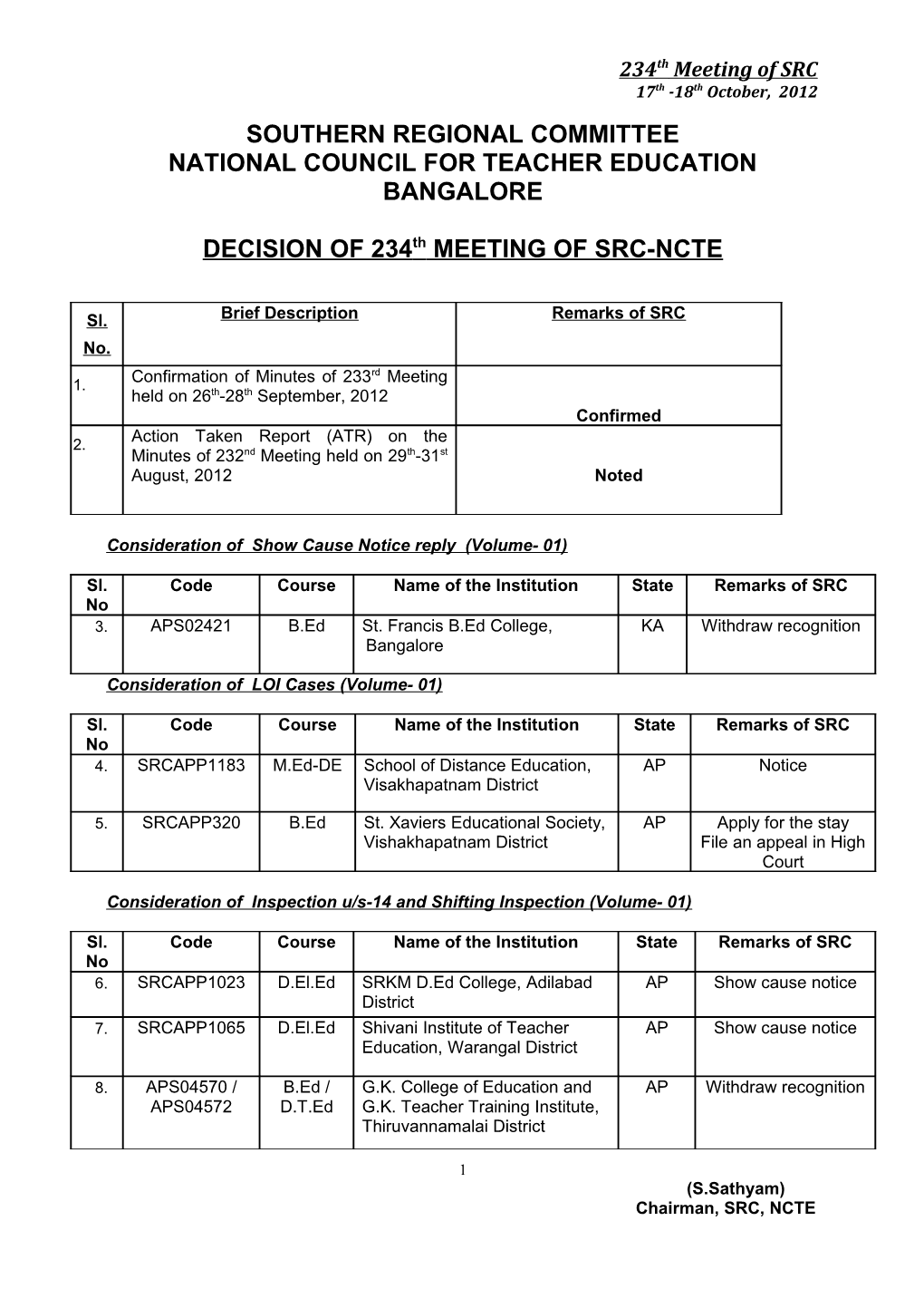 DECISIONS of 234Th MEETING of SRC-NCTE