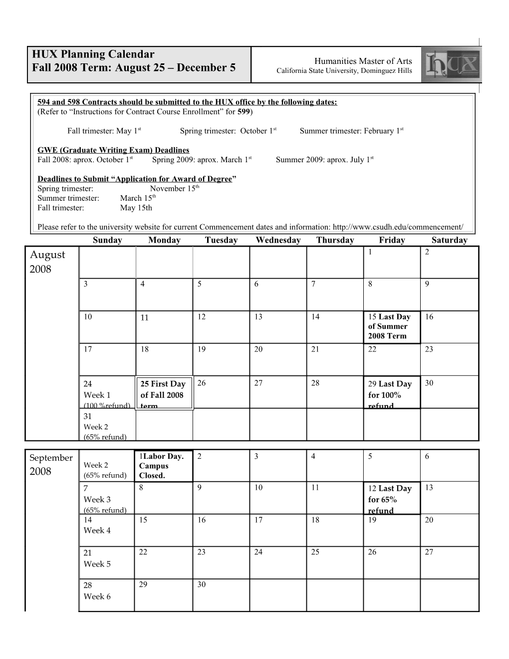 HUX Planning Calendar