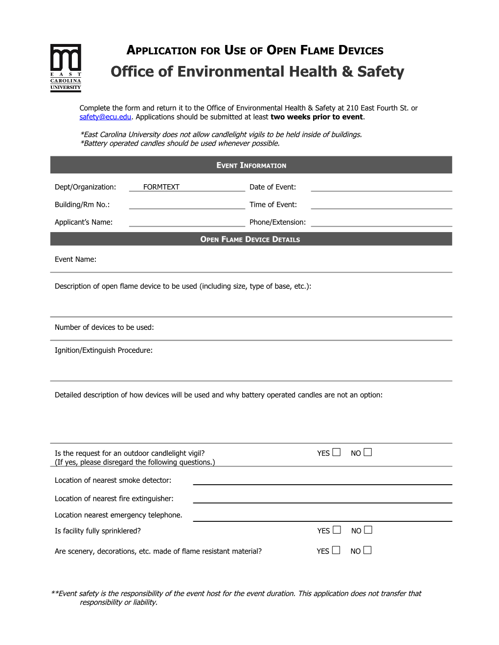 Application for Use of Open Flame Devices