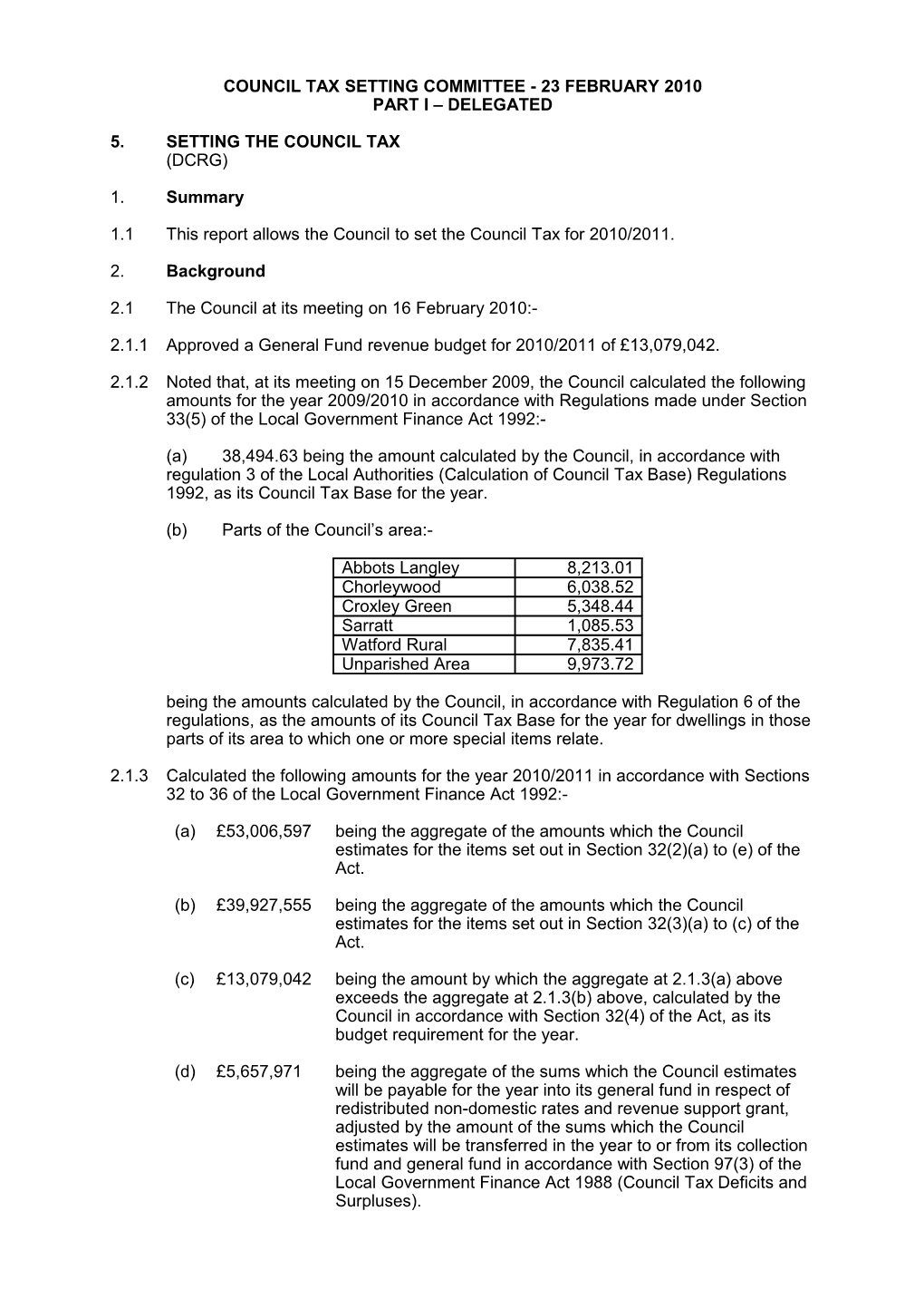 Council Tax Setting Committee - 23 February 2010