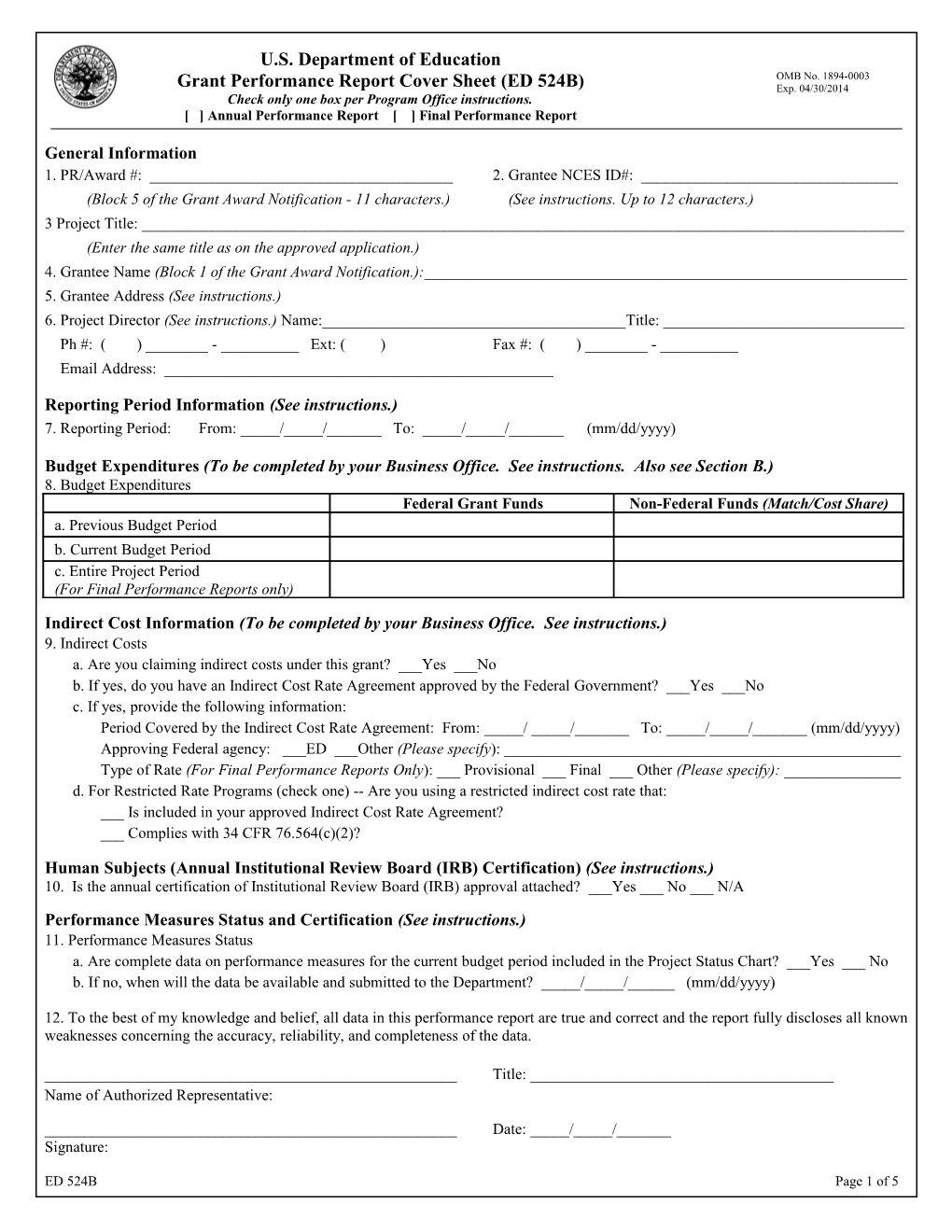 ED 524-B Form - Part 1, Cover Sheet for Grant Performance Report (MS Word)