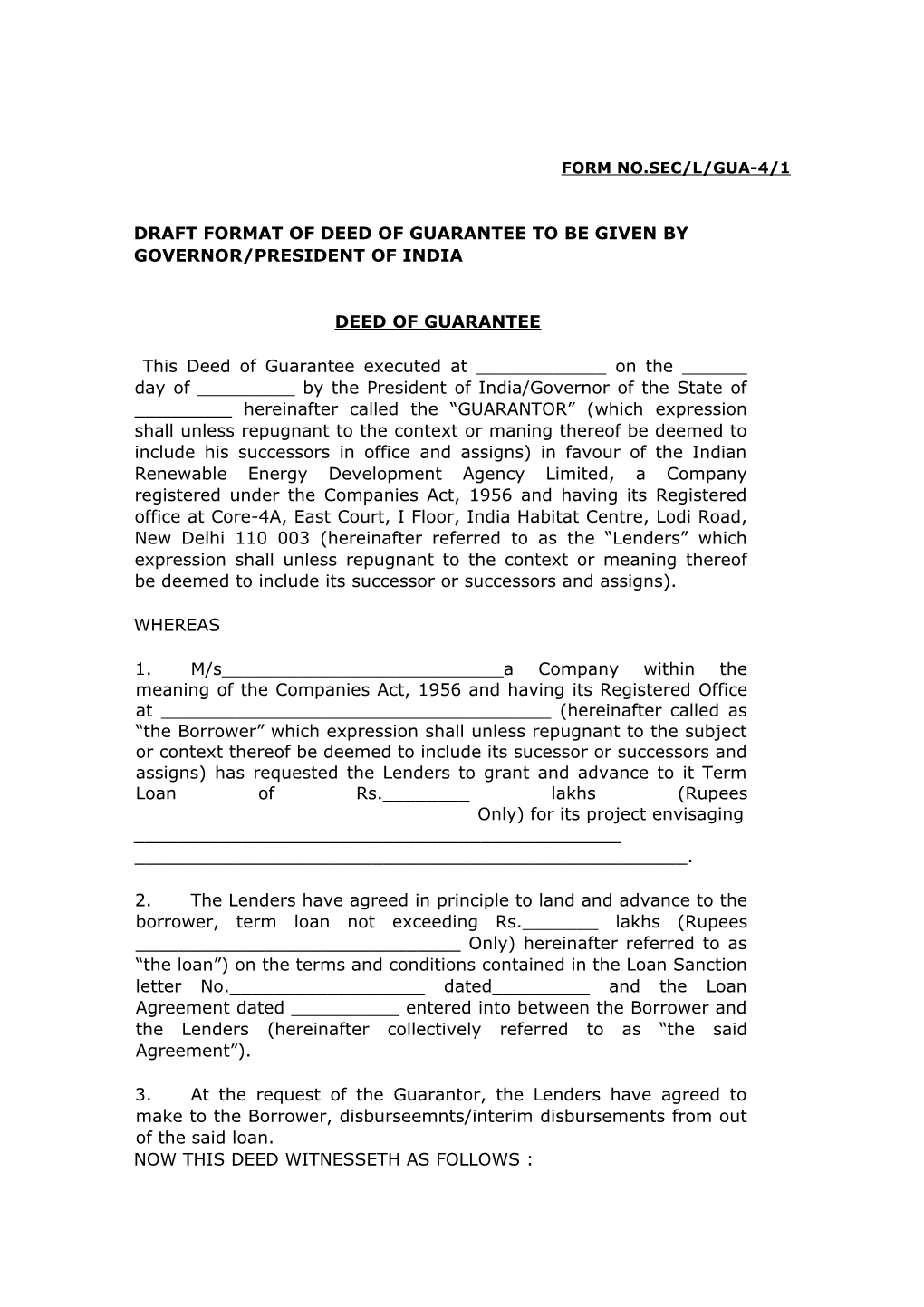 Draft Format of Deed of Guarantee to Be Given By