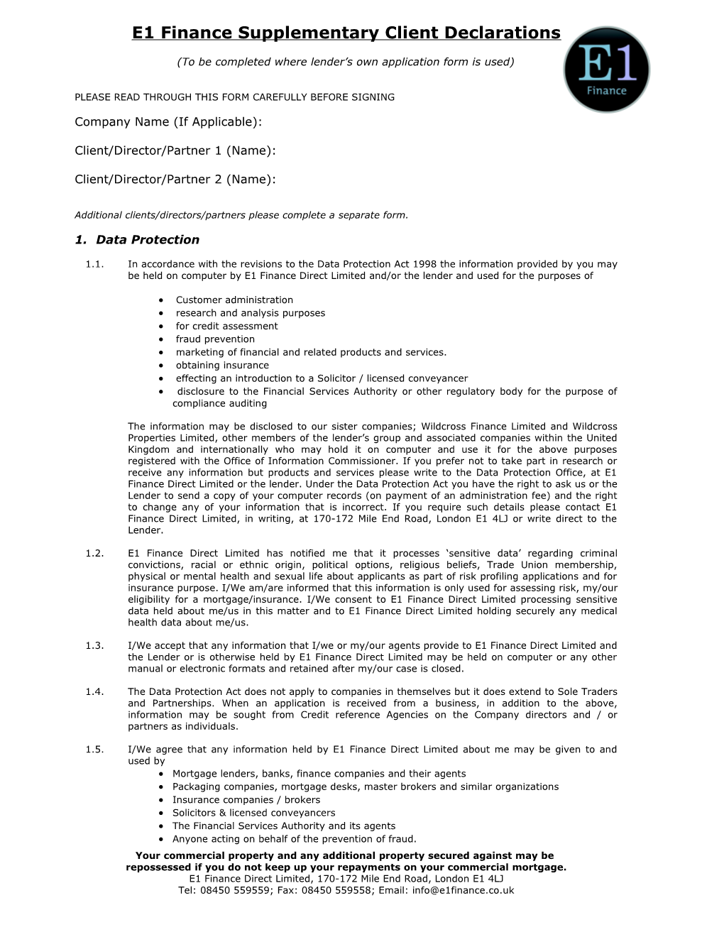 E1 Finance Supplementary Client Declarations