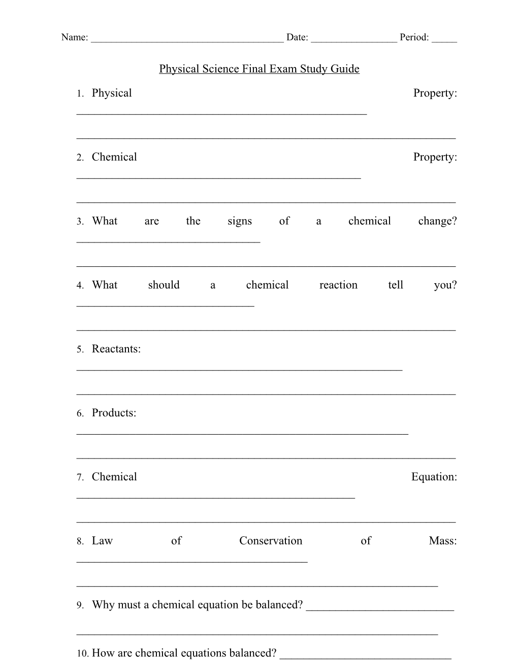 Physical Science Final Exam Study Guide