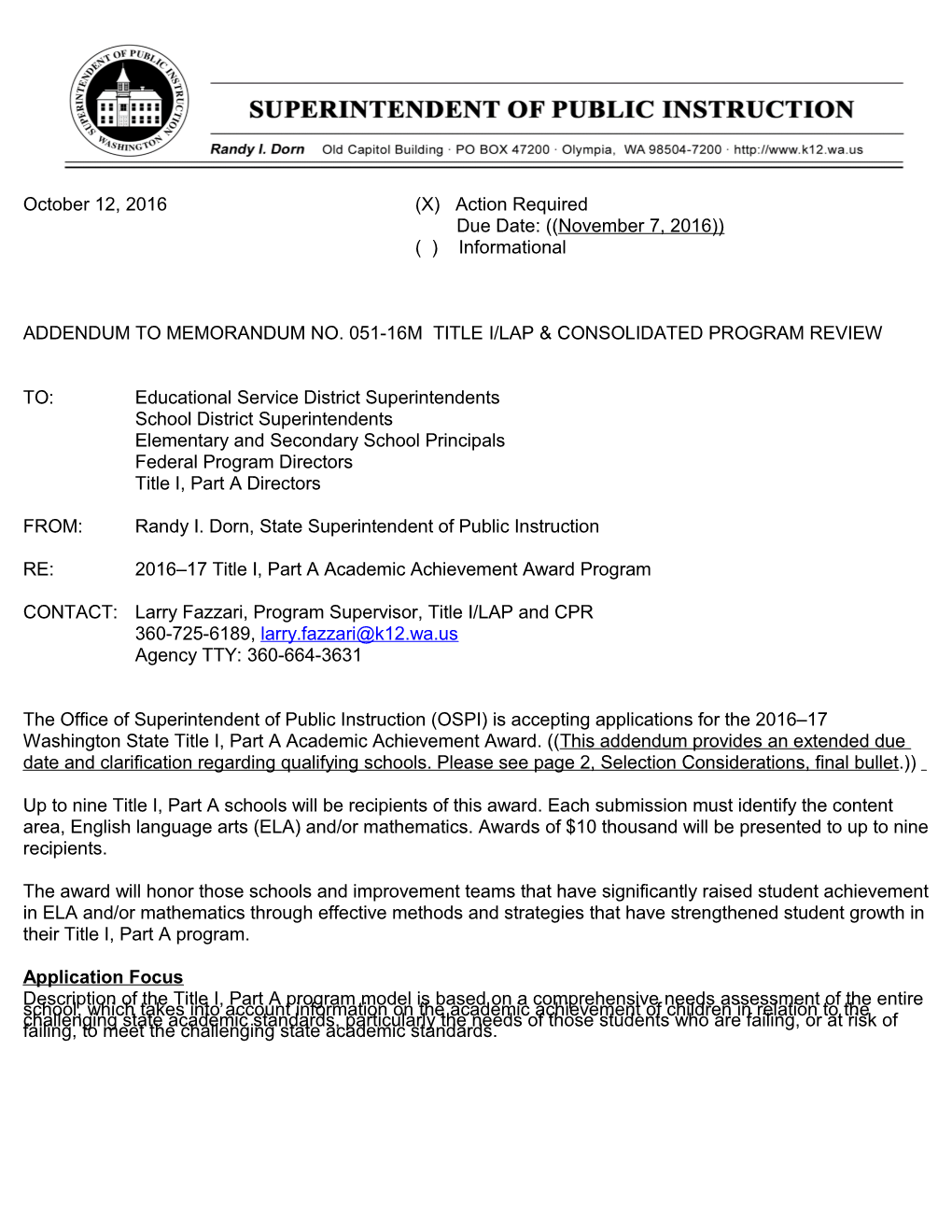 Addendum to Memorandum No. 051-16M Title I/Lap Consolidated Program Review