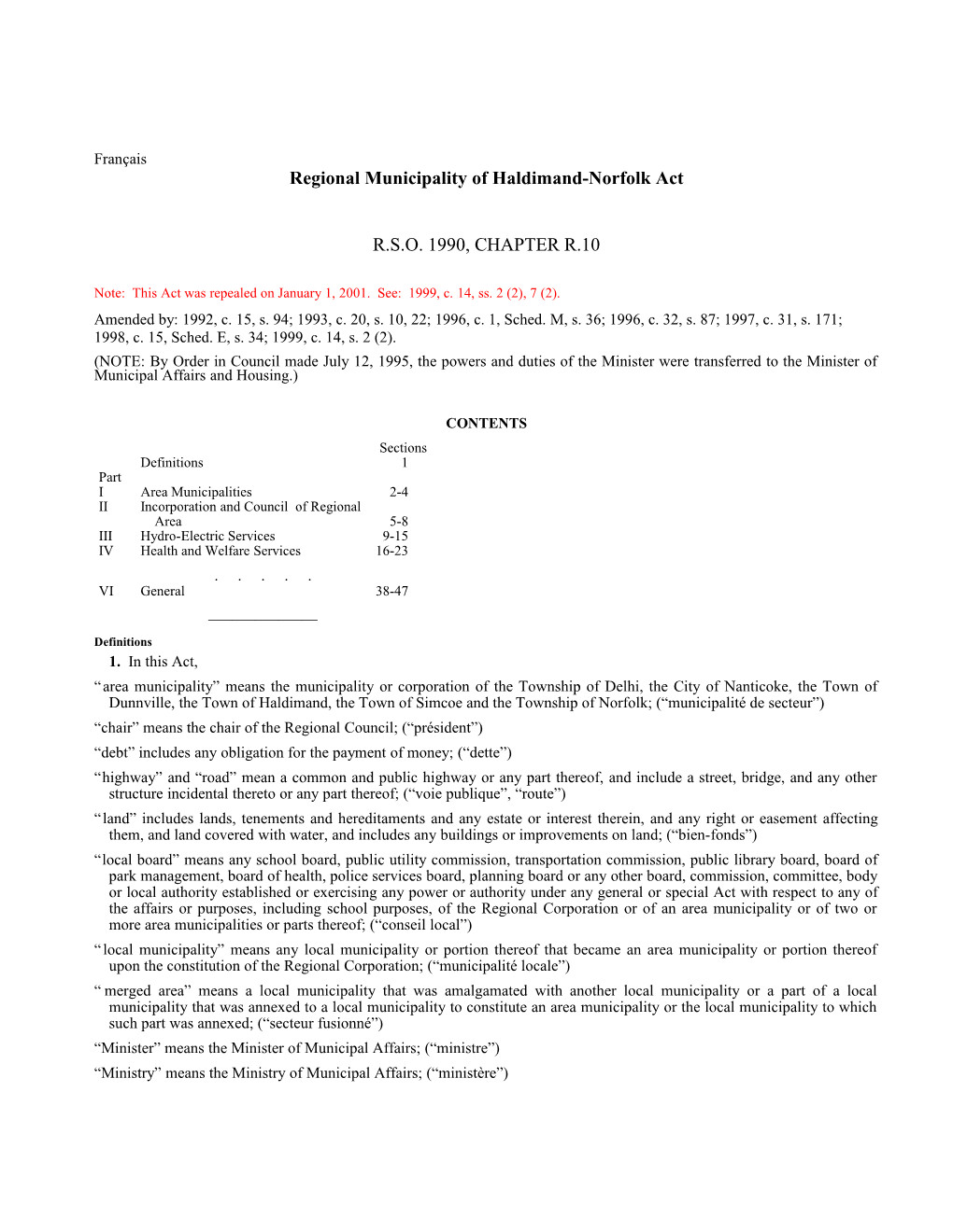 Regional Municipality of Haldimand-Norfolk Act, R.S.O. 1990, C. R.10