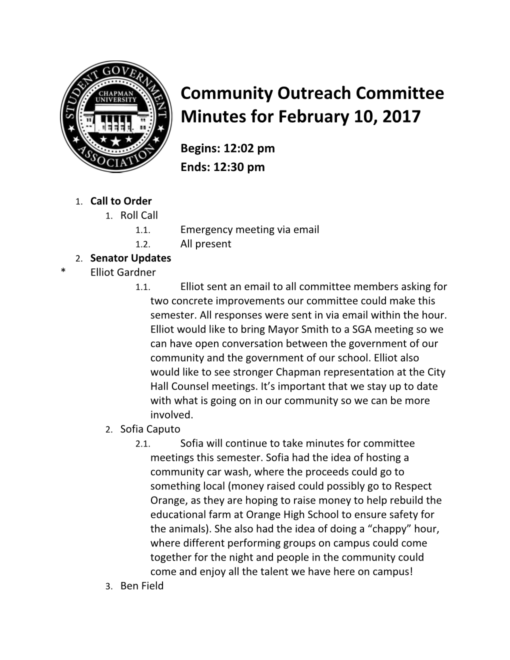 Community Outreach Committee Minutes for February 10, 2017