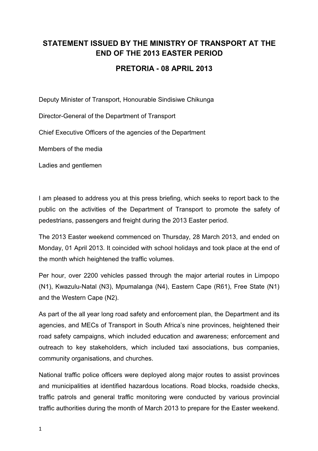 End of Easter Minister Statement 8 April 2013 Final Draft