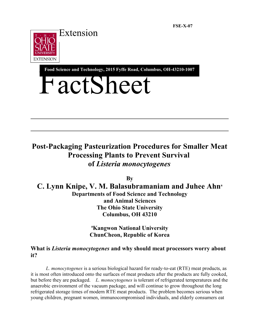 Post-Packaging Pasteurization Procedures for Smaller Meat Processing Plants to Prevent