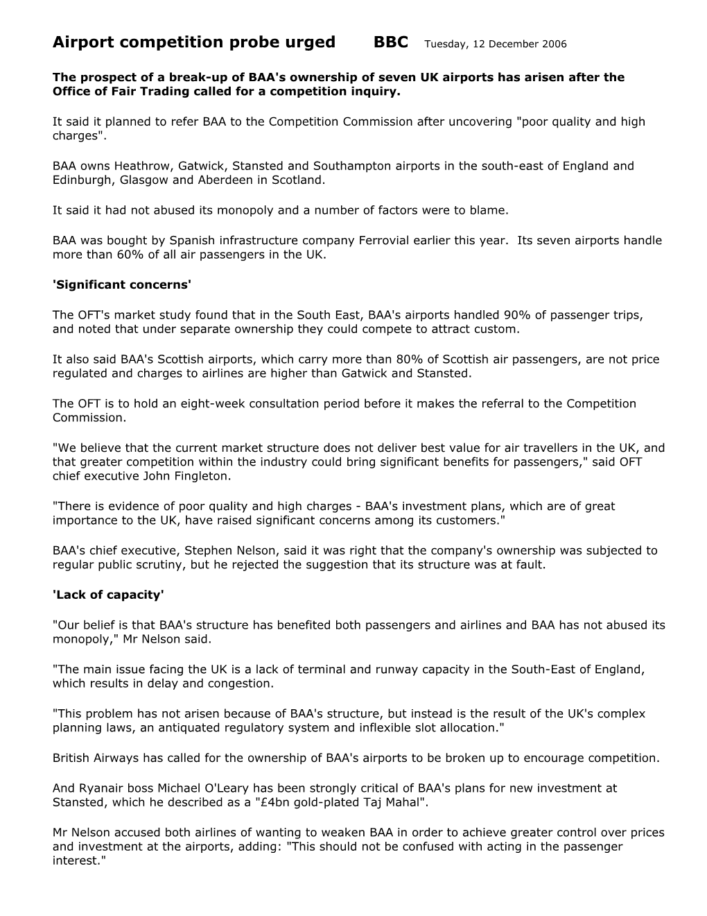 Airport Competition Probe Urged BBC Tuesday, 12 December 2006