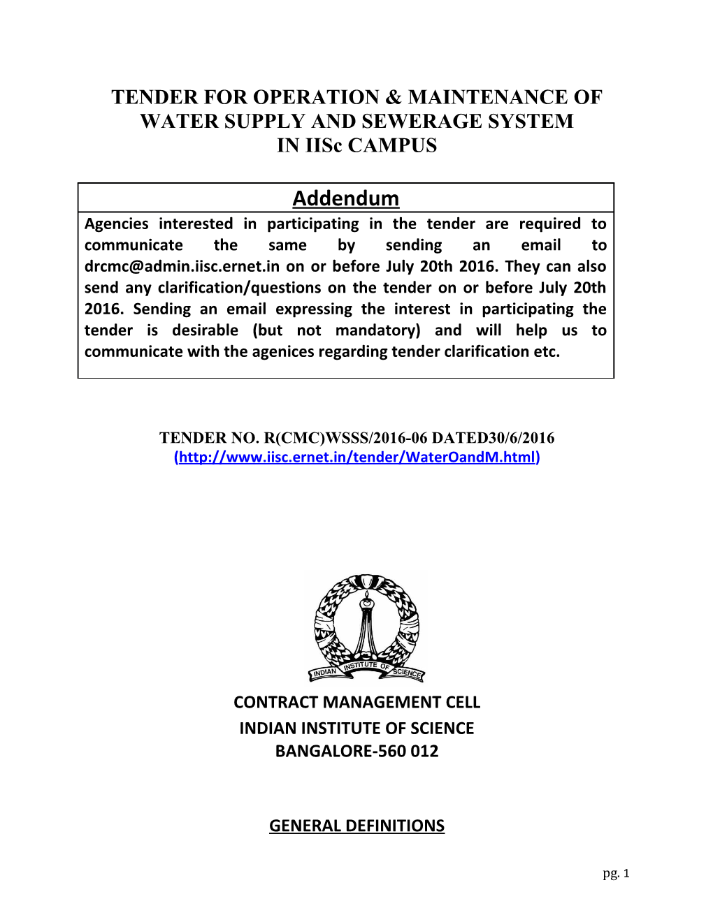 Tender for Operation & Maintenance of Water Supply and Sewerage System