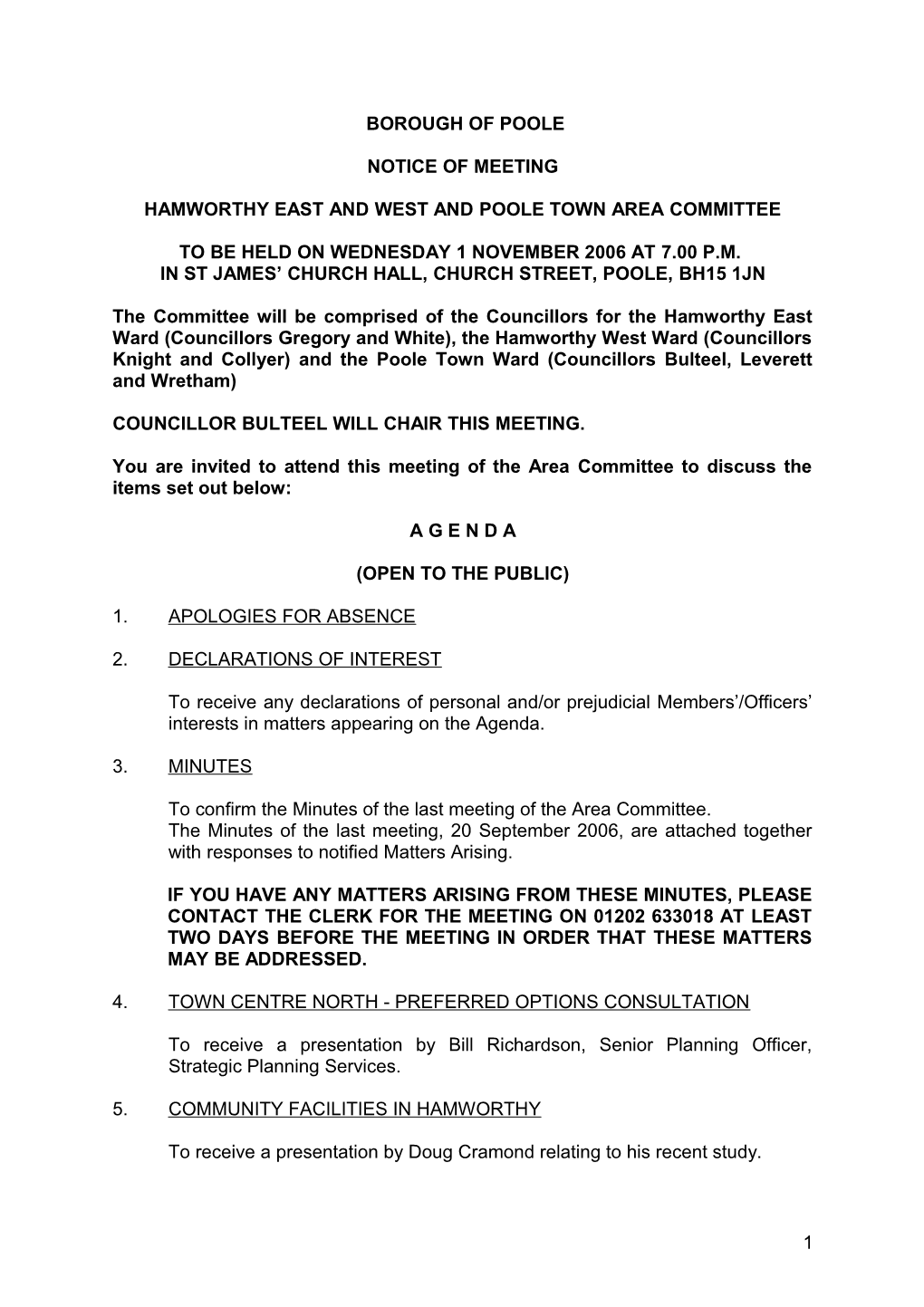 Agenda - Hamworthy East and West and Poole Town Area Committee - 1 November 2006