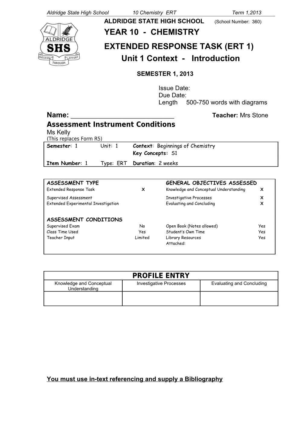 Aldridge State High School 10 Chemistry ERT Term 1,2013